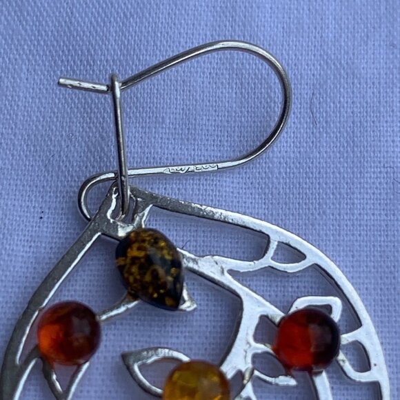 Sterling Silver 925 Amber Leaf Design Drop Dangle Earrings With 6 Amber Stones - Picture 9 of 9